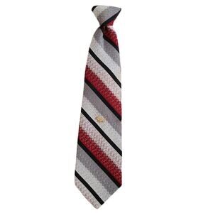 Vintage 70s EZ red gray black clip on stripped tie with gold roadrunner pin